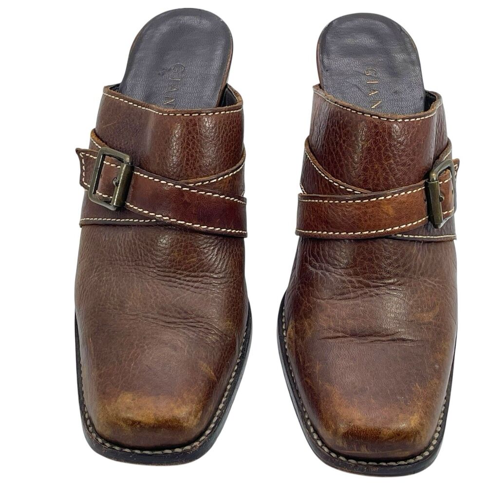 Gianni Bini | Brown Leather Buckle Accent Heeled Mules | Size 6 - Picture 3 of 7